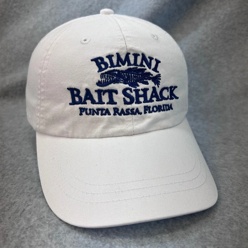 Bimini Bait Shack Mens White Adams Hat Leather Strap Florida Souvenir OSFM